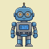CALEB, a friendly blue pixel-art classroom robot